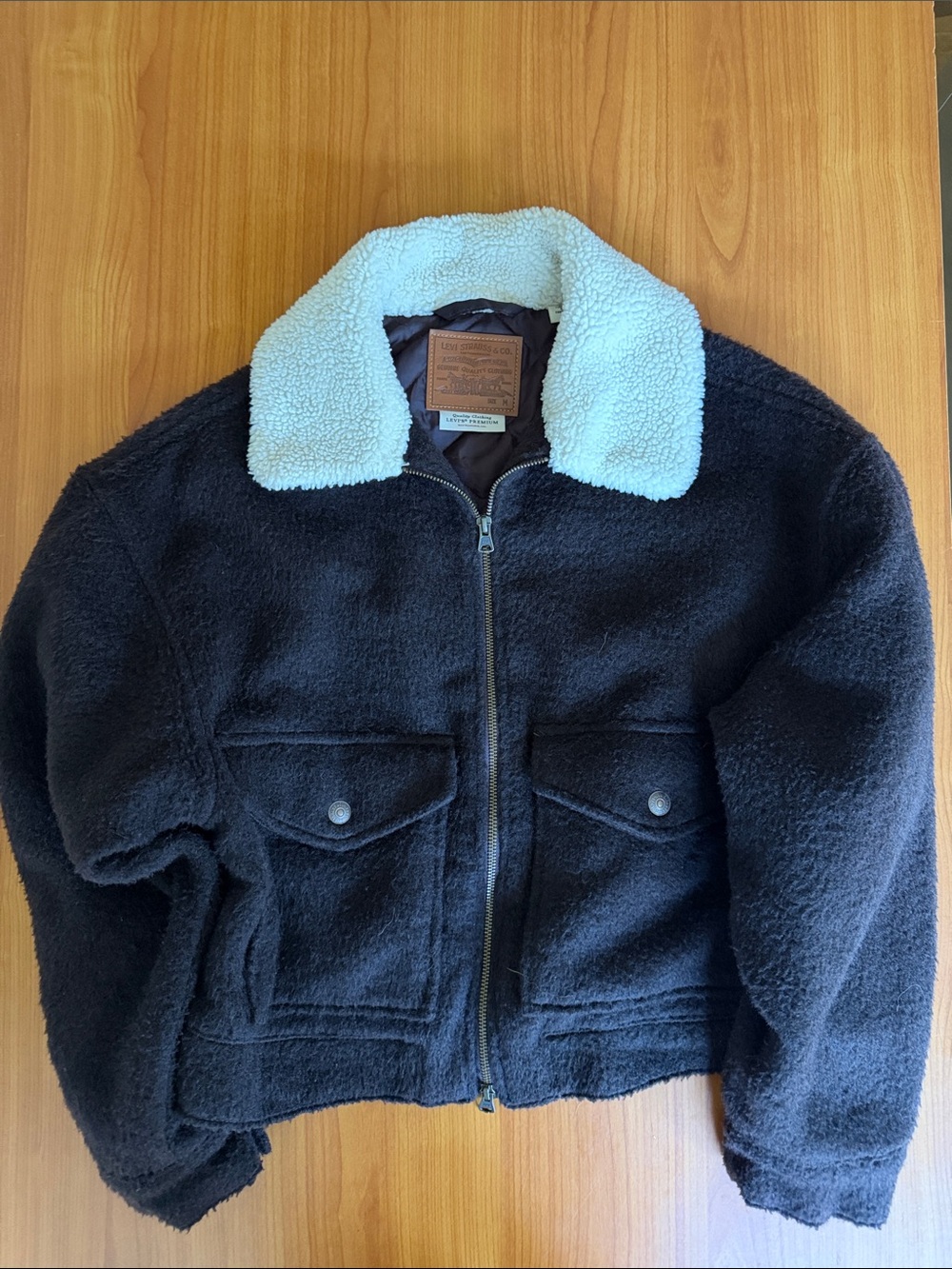 Llevi’s Brown Sherpa Bomber Jacket with Cream Collar